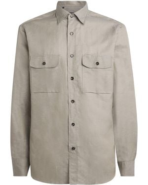 Brioni Cotton-Linen Twin-Pocket Shirt - Grey