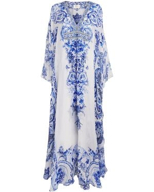 CAMILLA Silk Embellished V-Neck Kaftan - Blue