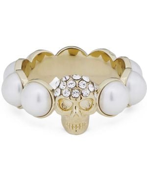 McQueen Faux Pearl And Skull Ring - Metallic