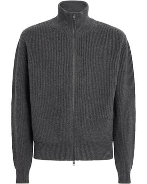 Yves Salomon Wool-Cashmere Ribbed High-Neck Cardigan - Grey