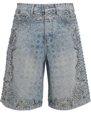 Amiri Crystal-Trim Bandana Denim Shorts - Blue