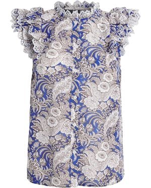 ME+EM Cotton Ruffle Printed Blouse - Blue