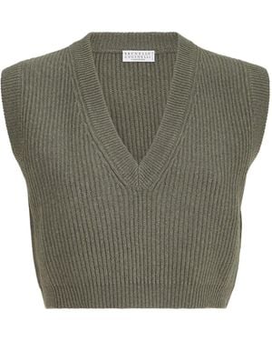 Brunello Cucinelli Cashmere Rib-Knit Cropped Jumper Vest - Green