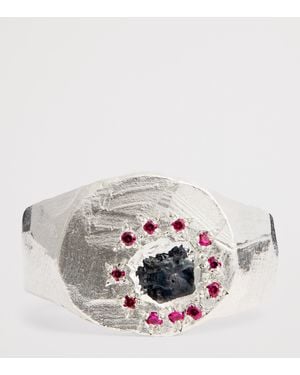 The Ouze Recycled Sterling, Sapphire And Ruby Island Signet Ring - Grey