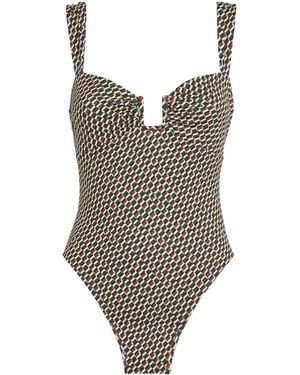 Away That Day Geometric Print High-Leg Cannes Swimsuit - Brown