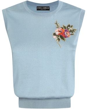Dolce & Gabbana Silk Floral Appliqué Blouse - Blue