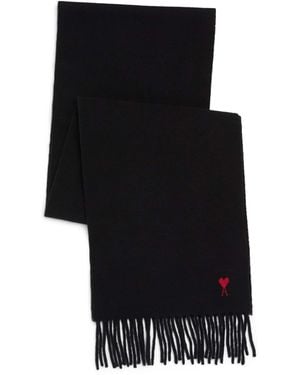 Ami Paris Wool Ami De Coeur Fringed Scarf - Black
