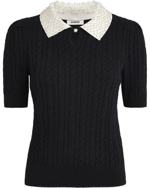Sandro Cotton-Wool-Blend Cable-Knit Pearl-Collar Sweater - Black