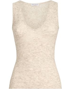 Brunello Cucinelli Silk-Alpaca-Wool Lace-Detail Top - Natural