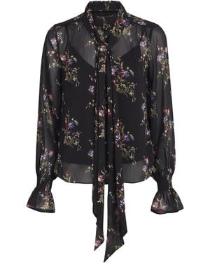 ME+EM Georgette Floral Tie-Neck Blouse - Black