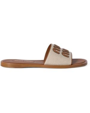 Miu Miu Canvas And Leather Logo Slides - Brown