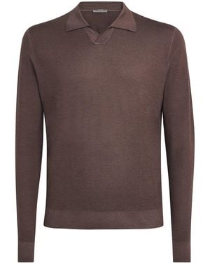 Corneliani Virgin Wool Long-Sleeve Polo Shirt - Brown
