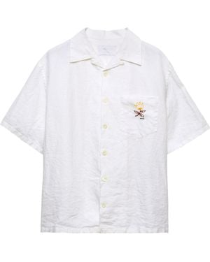 Prada Linen Embroidered Oversized Bowling Shirt - White