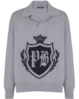 Balmain Cashmere-Virgin Wool Polo Sweatshirt - Gray