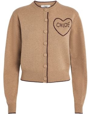 Chloé Wool-Cashmere Heart Logo Cardigan - Natural