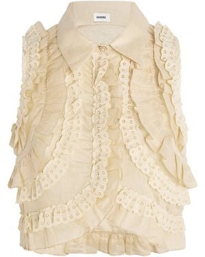 Sandro Linen-Blend Ruffled Blouse - Natural