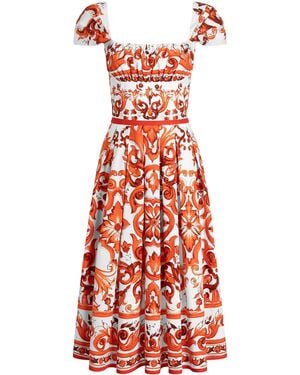 Dolce & Gabbana Cotton Majolica Print Midi Dress - Red