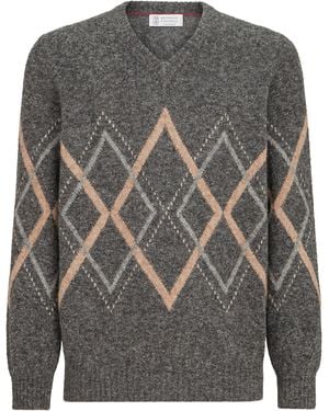 Brunello Cucinelli Alpaca-Blend Argyle Jumper - Grey