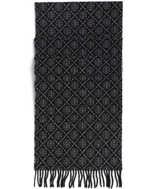 Tory Burch Wool-Cashmere Monogram Scarf - Black