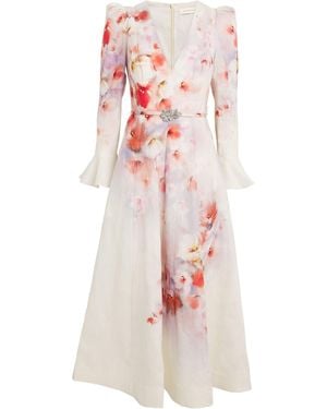 Zimmermann Linen Floral Crush Midi Dress - Pink