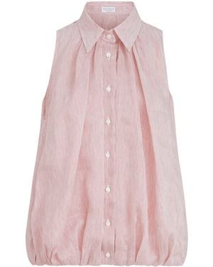 Brunello Cucinelli Linen-Silk Stripe Sleeveless Shirt - Pink