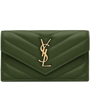 Saint Laurent Leather Cassandre Fragments Flap Card Holder - Green