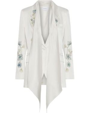 Marella Satin Embroidered Scarf-Detail Blazer - White