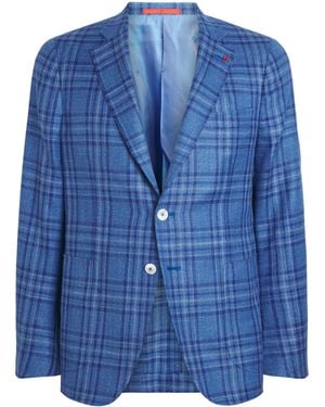 Isaia Wool-Silk-Linen Check Blazer - Blue