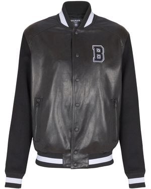 Balmain Leather-Wool Bomber Jacket - Grey