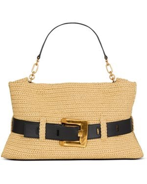 Balmain Medium Faux-Raffia Anthem Shoulder Bag - Metallic