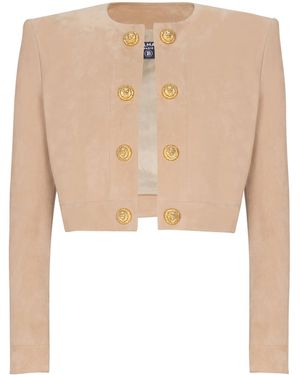 Balmain Cropped Suede Leather Jacket - Natural