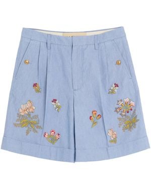 Valentino Denim Embroidered Tailored Shorts - Blue