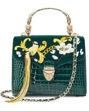 Aspinal of London Midi Velvet Embroidered Mayfair Top-Handle Bag - Green