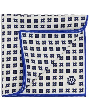 dunhill Mulberry Silk Geometric Flower Medallion Pocket Square - Blue