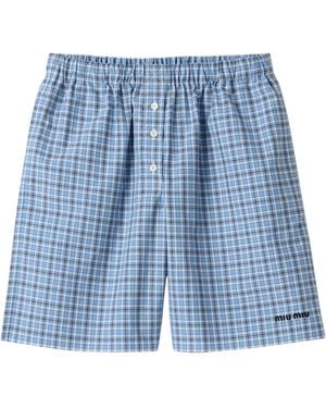 Miu Miu Cotton Poplin Check Shorts - Blue