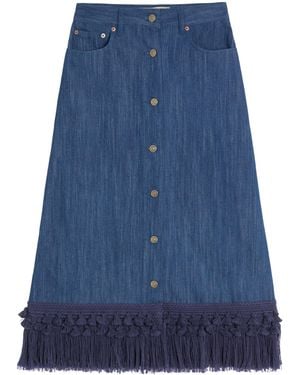 Valentino Cotton-Linen Fringed Midi Skirt - Blue