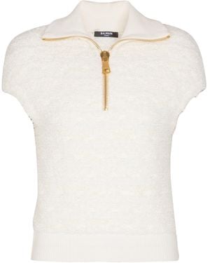 Balmain Tweed Half-Zip Top - White