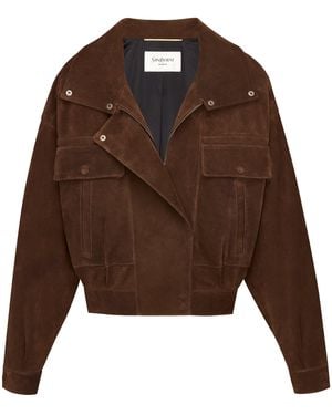 Saint Laurent Suede Funnel-Neck Bomber Jacket - Brown