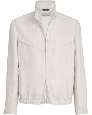 Brunello Cucinelli Linen Pinstripe Bomber Jacket - White