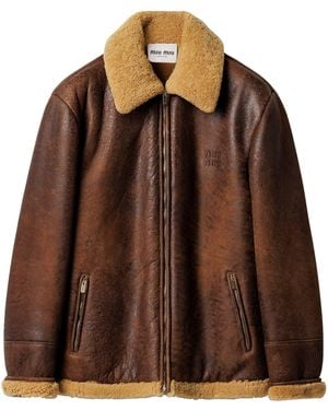 Miu Miu Waxed Leather Shearling-Trim Jacket - Brown