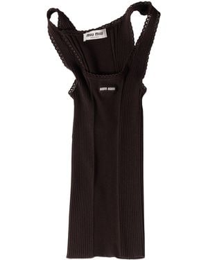 Miu Miu Wool Ribbed Logo Tank Top - Black