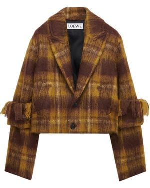Loewe Mohair-Wool Scarf-Detail Check Coat - Brown