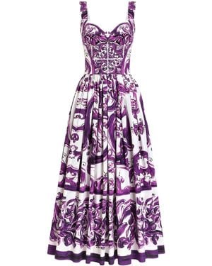 Dolce & Gabbana Cotton Majolica Print Pleated Maxi Dress - Purple