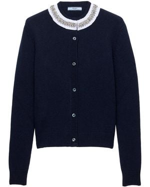 Prada Wool-Cashmere Jewel-Neck Cardigan - Blue