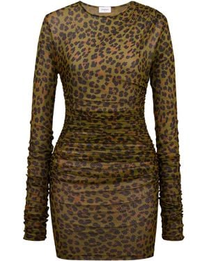 Saint Laurent Leopard Print Long-Sleeve Mini Dress - Green