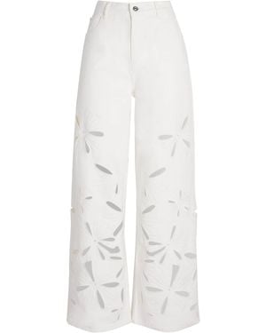 Sandro Embroidered Cut-Out Wide-Leg Jeans - White