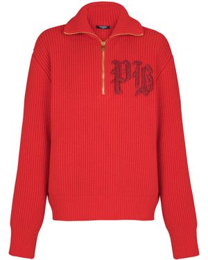 Balmain Virgin Wool Half-Zip Sweatshirt - Red