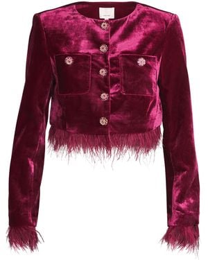 Cinq À Sept Velvet Evelina Feather-Trimmed Jacket - Red