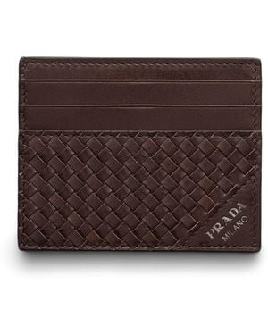 Prada Leather Woven Card Holder - Brown