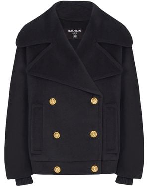 Balmain Wool-Cashmere Pea Coat - Blue